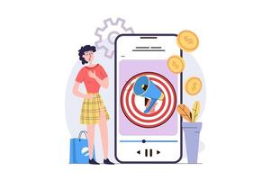 marketing concept in modern flat design for web. Woman creating trendy content to target audience, doing success internet promotion and earning financial profit. illustration. vector
