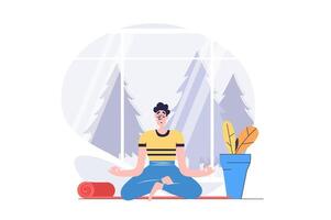 Hobby concept in modern flat design for web. Man sitting in lotus asana and meditating in yoga class, training concentration, calm and emotional balance in spirituality practices. illustration. vector