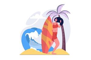 Hobby concept in modern flat design for web. Woman with surfboard doing extreme water sport at seaside resort, surfing and relaxing in favorite leisure and pastime activity. illustration. vector