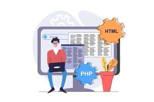 Programmers concept in modern flat design for web. Man developer working with code at laptop and computer screen, creating programs, engineering software and new products. illustration. vector