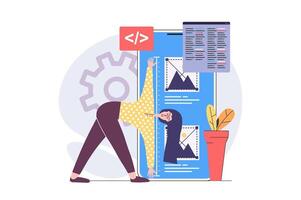 Web development concept in modern flat design for web. Woman developing and programming layout interface, engineering digital project for mobile phone, making settings on screen. illustration. vector