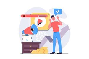 marketing concept in modern flat design for web. Man creating advertising content, posting in online blog, making audience analytics with arrow growth statistics. illustration. vector