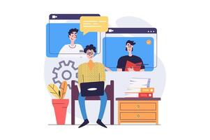 conference concept in modern flat design for web. Colleagues connecting online via zoom call from laptop program, speaking and discussing work, doing tasks remotely in team. illustration. vector