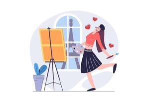 Hobby concept in modern flat design for web. Woman with paint palette and brush drawing artwork at easel canvas, learning art in painting class, creating picture at workshop. illustration. vector