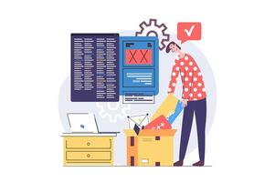 Web development concept in modern flat design for web. Man developing and programming layout interface on screens, engineering digital project, making research and doing settings. illustration. vector
