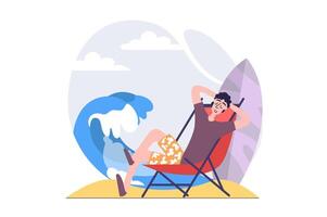 Summertime concept in modern flat design for web. Man surfer relaxing at ocean beach and surfing in high waves, doing water sport hobby at seaside resort in holiday recreation. illustration. vector