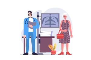 Medicine concept in modern flat design for web. Doctor consulting patient and making diagnosis with x-ray picture, analysis radiography bones scan and prescribing treatment. illustration. vector