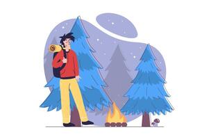 Summertime concept in modern flat design for web. Man with backpack hiking at forest and relaxing at summer camp with campfire, getting woodland picnic with camping at night. illustration. vector