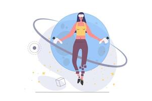 Virtual reality concept in modern flat design for web. Woman in VR headset and controllers learning space and researching planet in avatar simulation at augmented cyberspace. illustration. vector