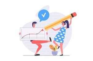Teamwork concept in modern flat design for web. Man and woman cooperating, communicating and doing project task together, working with data graph and making chart analysis. illustration. vector