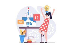 SEO optimization concept in modern flat design for web. Woman developing startup site project, analyzing and improving internet page traffic, making engine search settings. illustration. vector