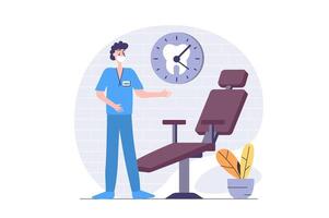 Medicine concept in modern flat design for web. Dentist working in stomatology office and waiting patients by chair for checkup and dentistry procedures, orthodontist service. illustration. vector