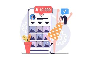 Social network concept in modern flat design for web. Woman making posts with photos in online blog, getting new follower subscriptions, developing her profile in mobile app. illustration. vector