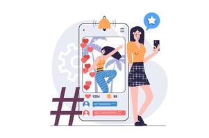Social network concept in modern flat design for web. Woman posting her new photo in online blog, getting new follower subscriptions, heart reactions and audience comments. illustration. vector