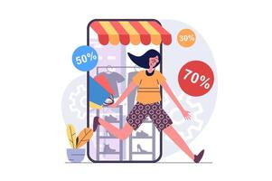 Shopping concept in modern flat design for web. Woman doing bargain purchases in clothes online stores, buying products with best prices in mobile phone application with delivery. illustration. vector