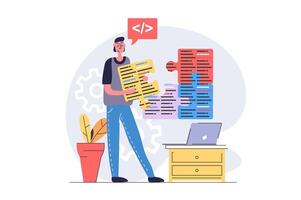 Programmers concept in modern flat design for web. Developer working with program code at laptop, engineering and improving products, brainstorming and finding best solutions. illustration. vector