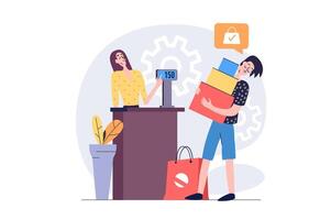 Shopping concept in modern flat design for web. Man with packages doing bargain purchases in store, buying products with best prices and making payment at checkout counter. illustration. vector