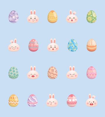 Set of colorful Easter eggs with portraits of rabbits with various expressions, cute and playful, illustration icons