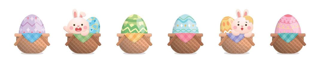 Set of playful rabbit mascots with Easter eggs and wicker basket, joyful celebration, colorful illustration vector