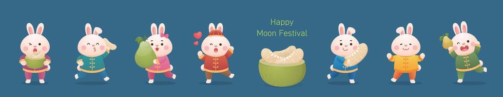 A set of playful, cute and funny rabbit mascots and traditional Chinese pastry mooncakes vector