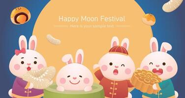 Mid-autumn festival poster, cute and playful rabbit mascot with moon and moon cake and pomelo vector