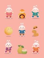 A set of playful and cute rabbit mascots and various elements of the traditional Chinese festival Mid-Autumn Festival, moon cakes and pomelo vector