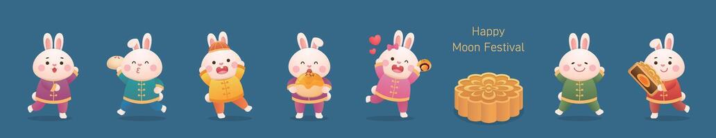 A set of playful, cute and funny rabbit mascots and traditional Chinese pastry mooncakes vector