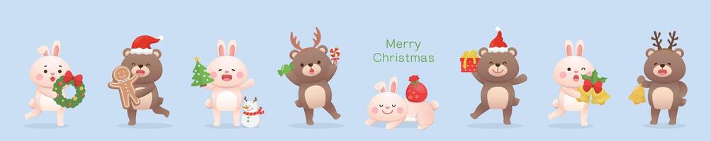 Set of cute rabbit and bear character mascots with Christmas elements, can be used for greeting invitation cards vector