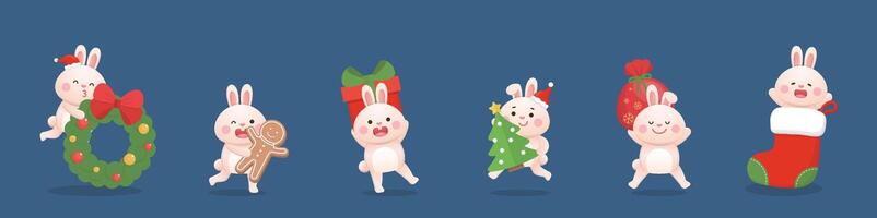 Set of cute bunny character mascot and Christmas elements, wreath with gift box and gingerbread man with Christmas tree and Christmas stocking vector