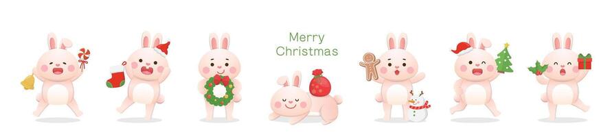 Set of cute rabbit character mascots with Christmas elements, can be used for greeting cards, invitation cards, gingerbread man with Christmas tree and wreath vector