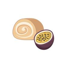 Passion fruit fruit flavored cake roll with cream, high calorie delicious sweet dessert, illustration style, isolated on white background vector