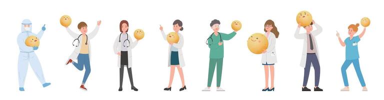 Male and female team of paramedics or doctors or scientists or medical specialists with the moon, celebrating mid-autumn festival vector