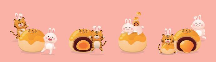 A set of mid-autumn festival elements with cute rabbits and tigers and moon cakes vector