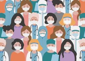 Paramedics and doctors and therapists work with people against virus, protective suits and medical masks, continuous graphics vector
