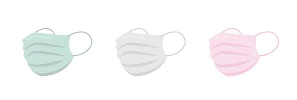 Flat cartoon icon of three medical masks to protect against flu vs coronavirus vs pneumonia vs air pollution vector