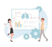 Male or female of paramedic or medical specialist or scientist pointing at presentation board, chart icons, set of abstract graphic elements, data statistics, infographics, analytical tools vector