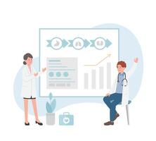 Male or female of paramedic or medical specialist or scientist pointing at presentation board, chart icons, set of abstract graphic elements, data statistics, infographics, analytical tools vector