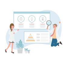 Male or female of paramedic or medical specialist or scientist pointing at presentation board, chart icons, set of abstract graphic elements, data statistics, infographics, analytical tools vector