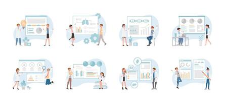 Set of paramedics or medical experts or scientists pointing at presentation boards, chart icons, set of abstract graphic elements, data statistics, infographics, analysis tools vector