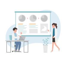 Male or female of paramedic or medical specialist or scientist pointing at presentation board, chart icons, set of abstract graphic elements, data statistics, infographics, analytical tools vector