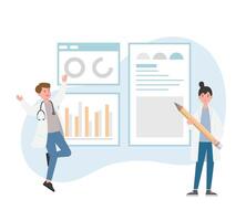 Male or female of paramedic or medical specialist or scientist pointing at presentation board, chart icons, set of abstract graphic elements, data statistics, infographics, analytical tools vector