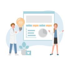 Male or female of paramedic or medical specialist or scientist pointing at presentation board, chart icons, set of abstract graphic elements, data statistics, infographics, analytical tools vector