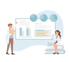 Male or female of paramedic or medical specialist or scientist pointing at presentation board, chart icons, set of abstract graphic elements, data statistics, infographics, analytical tools vector