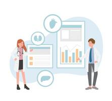 Male or female of paramedic or medical specialist or scientist pointing at presentation board, chart icons, set of abstract graphic elements, data statistics, infographics, analytical tools vector