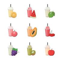Set of colorful fruit smoothies with cream isolated on white background, sweet and sour delicious drink vector