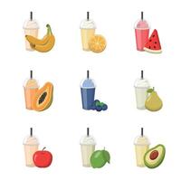 Set of colorful fruit smoothies with cream isolated on white background, sweet and sour delicious drink vector
