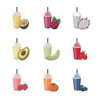 Set of colorful fruit smoothies with cream isolated on white background, sweet and sour delicious drink vector