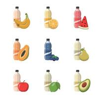 Set of fruit flavored soda or juice or carbonated drinks isolated on white background, sweet and sour drinks vector
