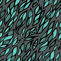 The graphic pattern of leaves, waves, and eyes. Black and white hand-drawn seamless pattern. vector