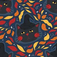 Seamless pattern with a black cat in a witch hat and fall leaves. Colorful flat illustration for Halloween. vector